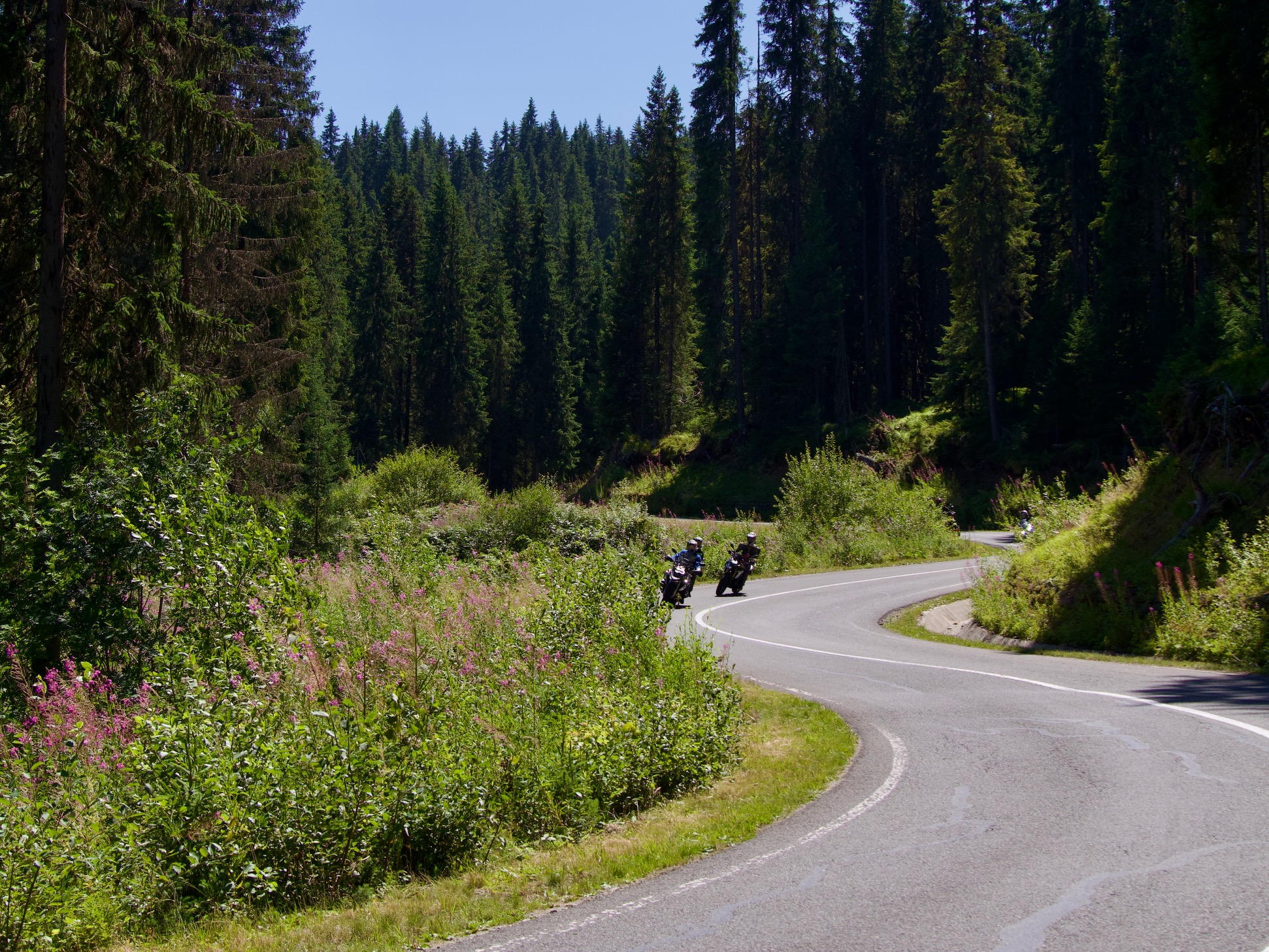 Motorrijders over een bochtige weg langs de Transalpina in Roemenië