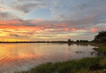 Anuradhapura stupaโs uitkijkpunt: magische zonsondergang boven vier heilige stoepaโs Zwemmen bij zonsondergang aan het Basawakkulama-meer