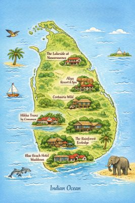 Kaartje met leuke hotels in Sri Lanka