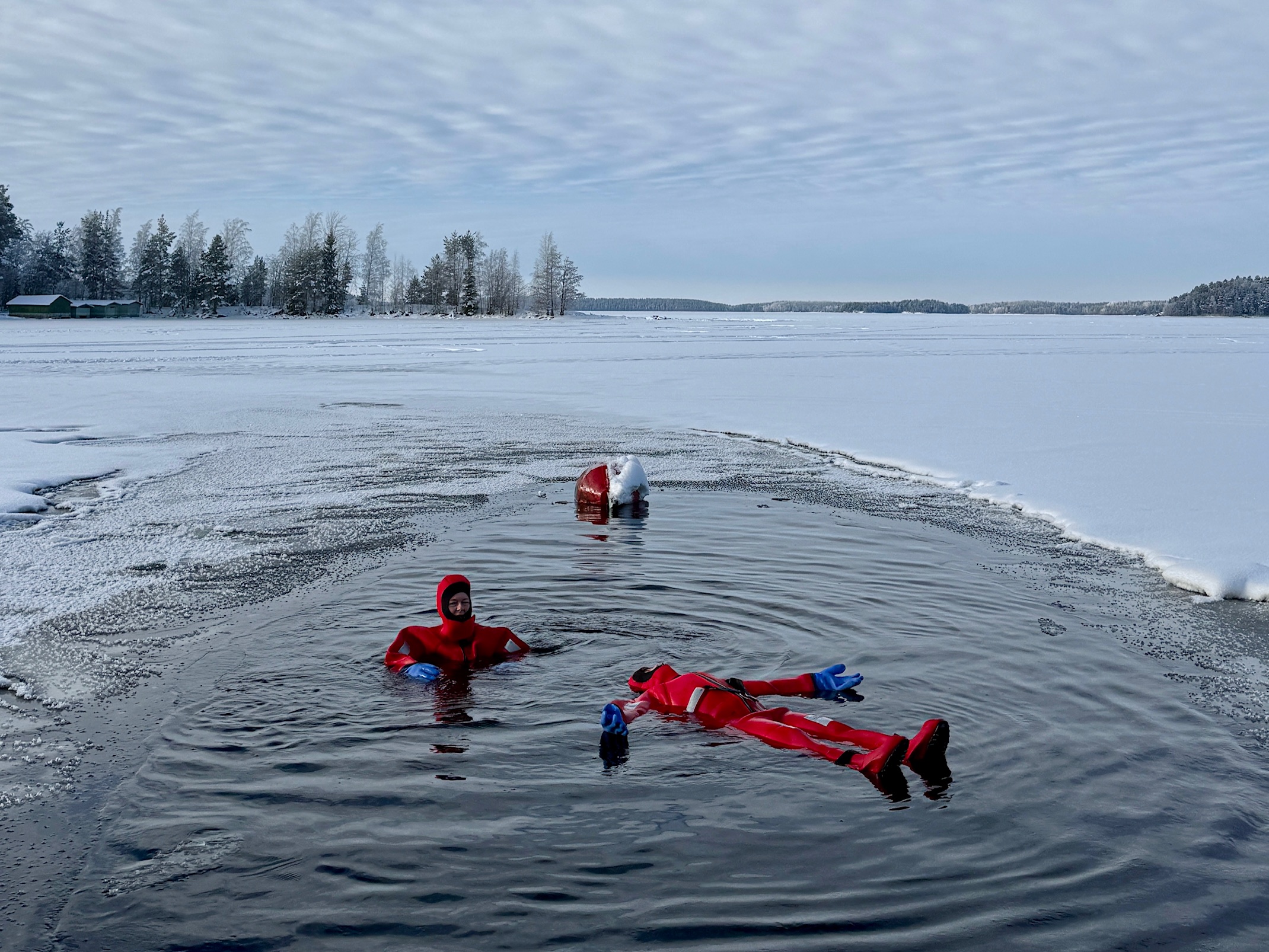 dry suit floating in Lake Saimaa