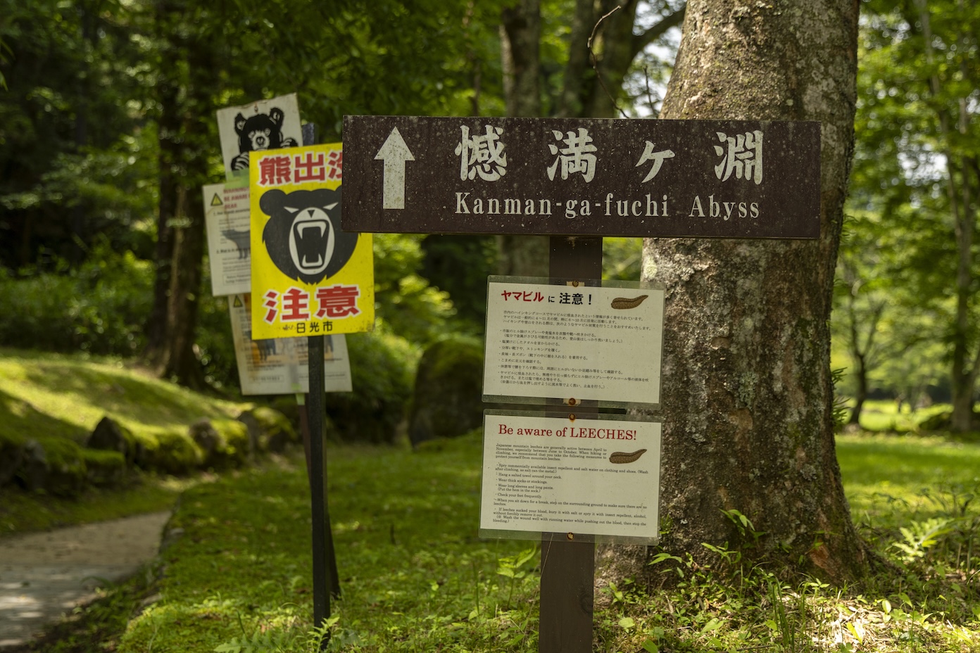 Waarschuwingsborden voor beren en bloedzuigers in Japan